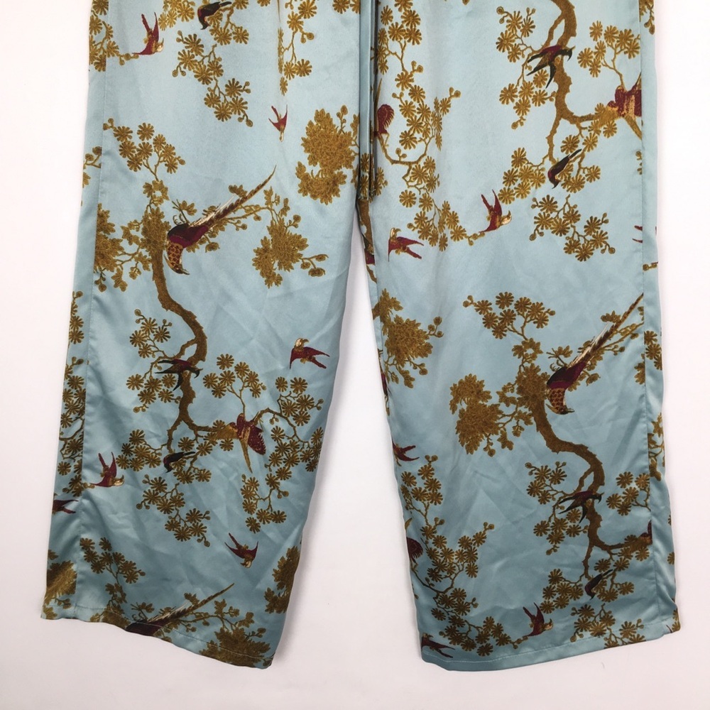 Natori Asian Print Satin Pants Blue Wide Leg Pull On Elastic Wast Women’s Size M - Picture 4 of 9